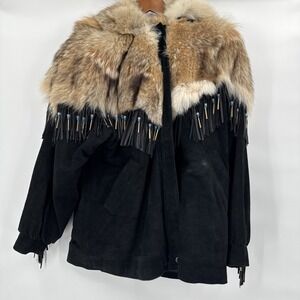 Coyote‎ & Leather Western Native Bomber Hooded Coat Men's Size L Fringe Beaded